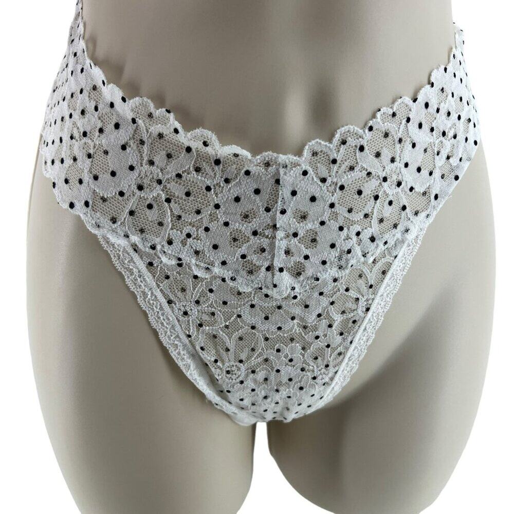 Victoria’s Secret All Over Lace Thong Panty White Black Polka Dot Size Large